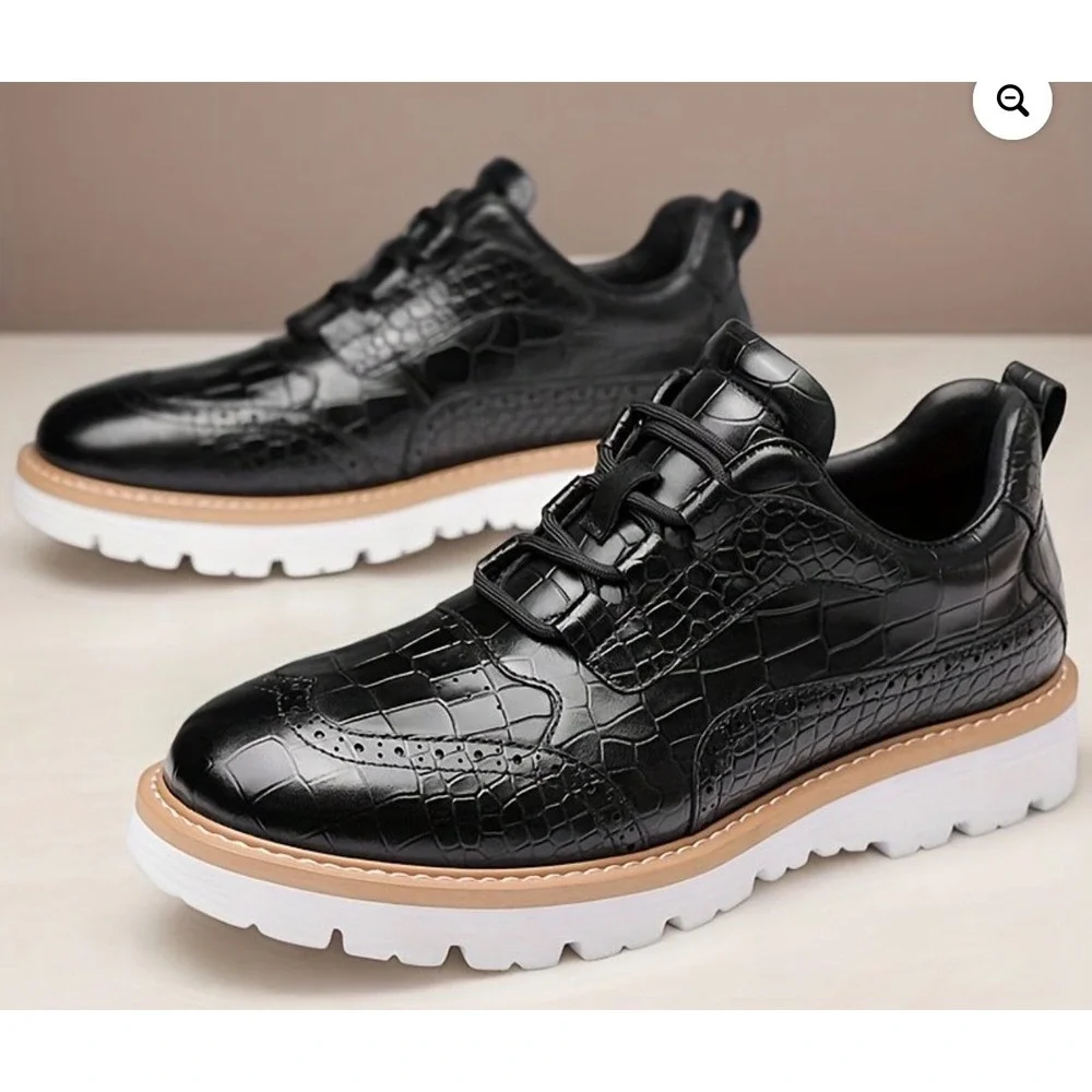 Mens Black Crocodile Embossed Wingtip Brogue Lug Sole Dress Shoes 9.5 60818